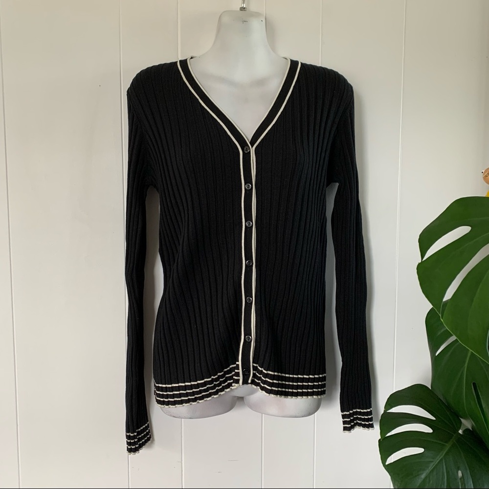 Willi Smith Silk Blend Retro Style Strechy Cardigan Sweater Stripes Ribbed
